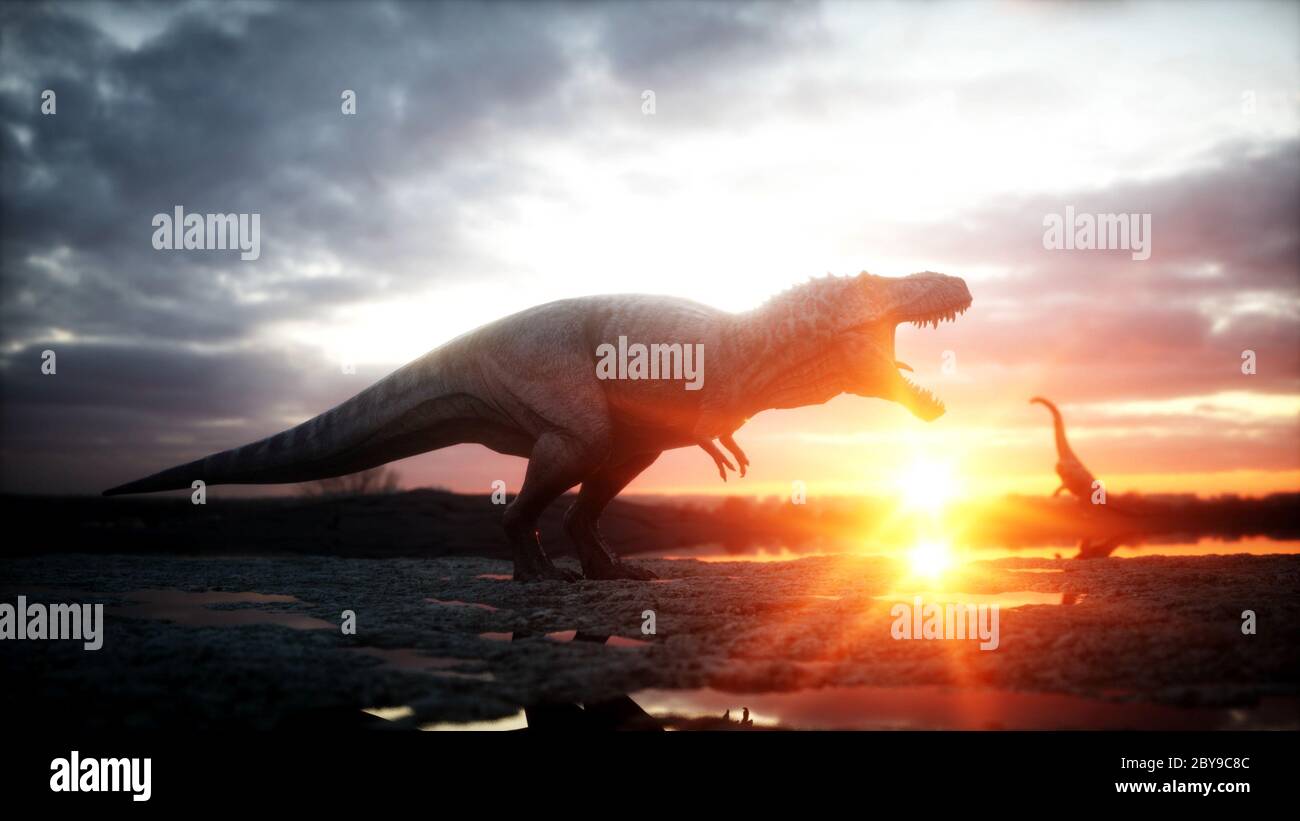 Dinosaurier. Prähistorische Zeit, felsige Landschaft. Wunderbarer Sonnenaufgang. 3d-Rendering. Stockfoto