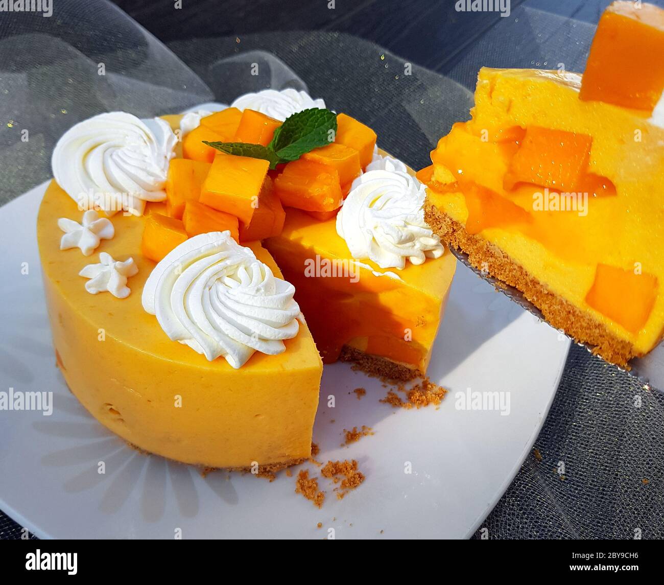 Hausgemachter Mango Mousse Cake Stockfoto