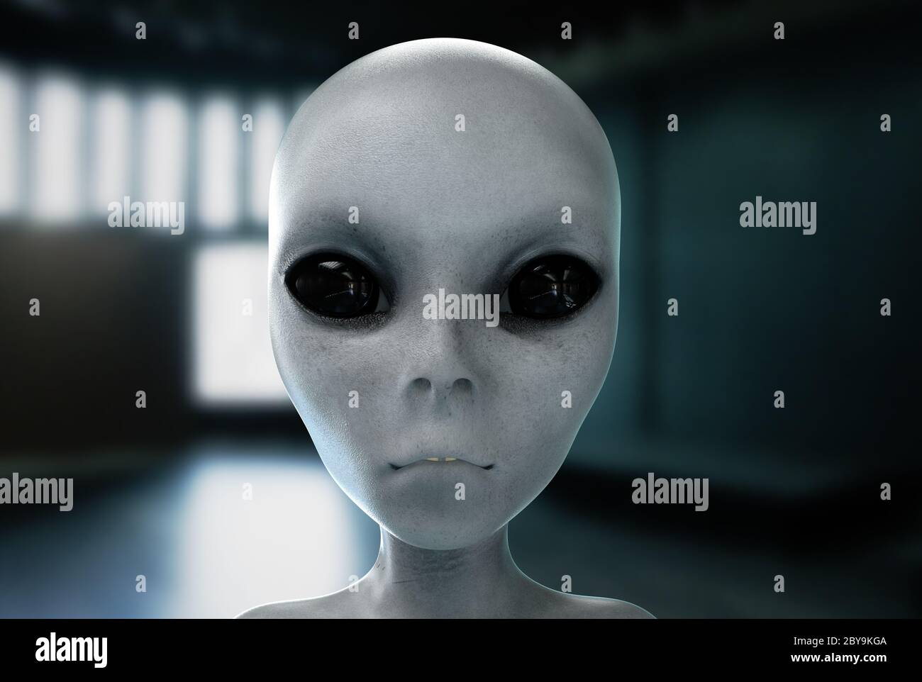 Alien Kopf. Nahaufnahme. UFO-Konzept. 3d-Rendering. Stockfoto