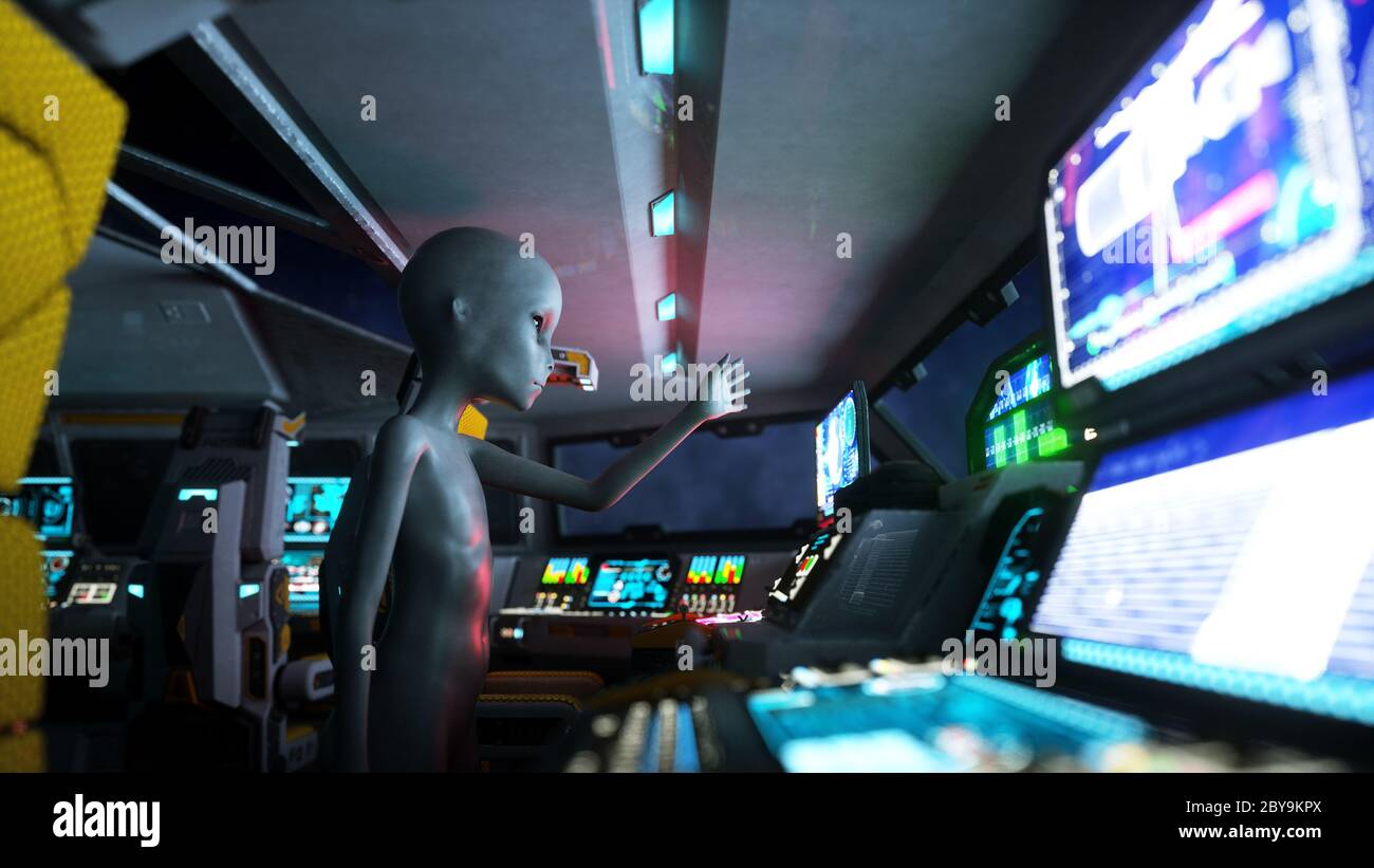 Alien im Raumschiff. Hand mit Erde Planeten ausstrecken. UFO futuristisches Konzept. 3d-Rendering. Stockfoto