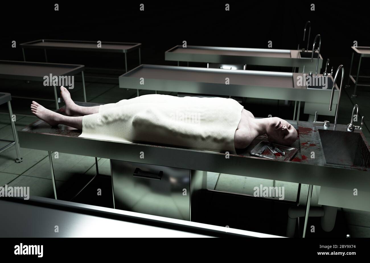 Leichnam, toter männlicher Körper in Leichenhalle auf Stahltisch. Leiche. Autopsie-Konzept. 3d-Rendering. Stockfoto