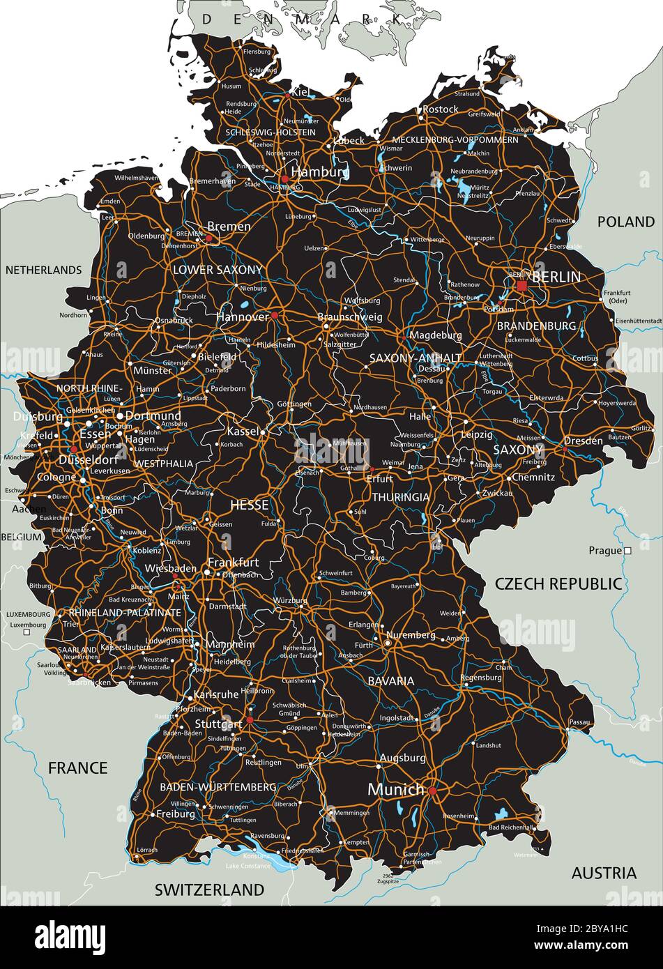 Detaillierte Deutschland-Straßenkarte mit Kennzeichnung. Schwarz. Stock Vektor