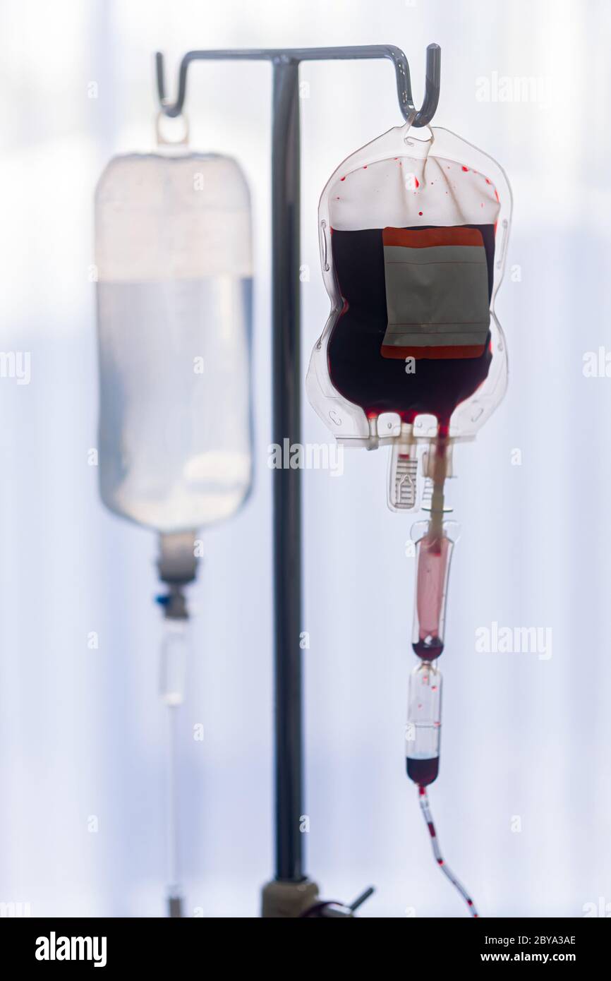 Ersatz Blutbeutel aus Labor medizinischen hängen an einem Stahlmast im Krankenhaus, um Blut für die Venen der Patienten, die d vorbereiten wollen Stockfoto