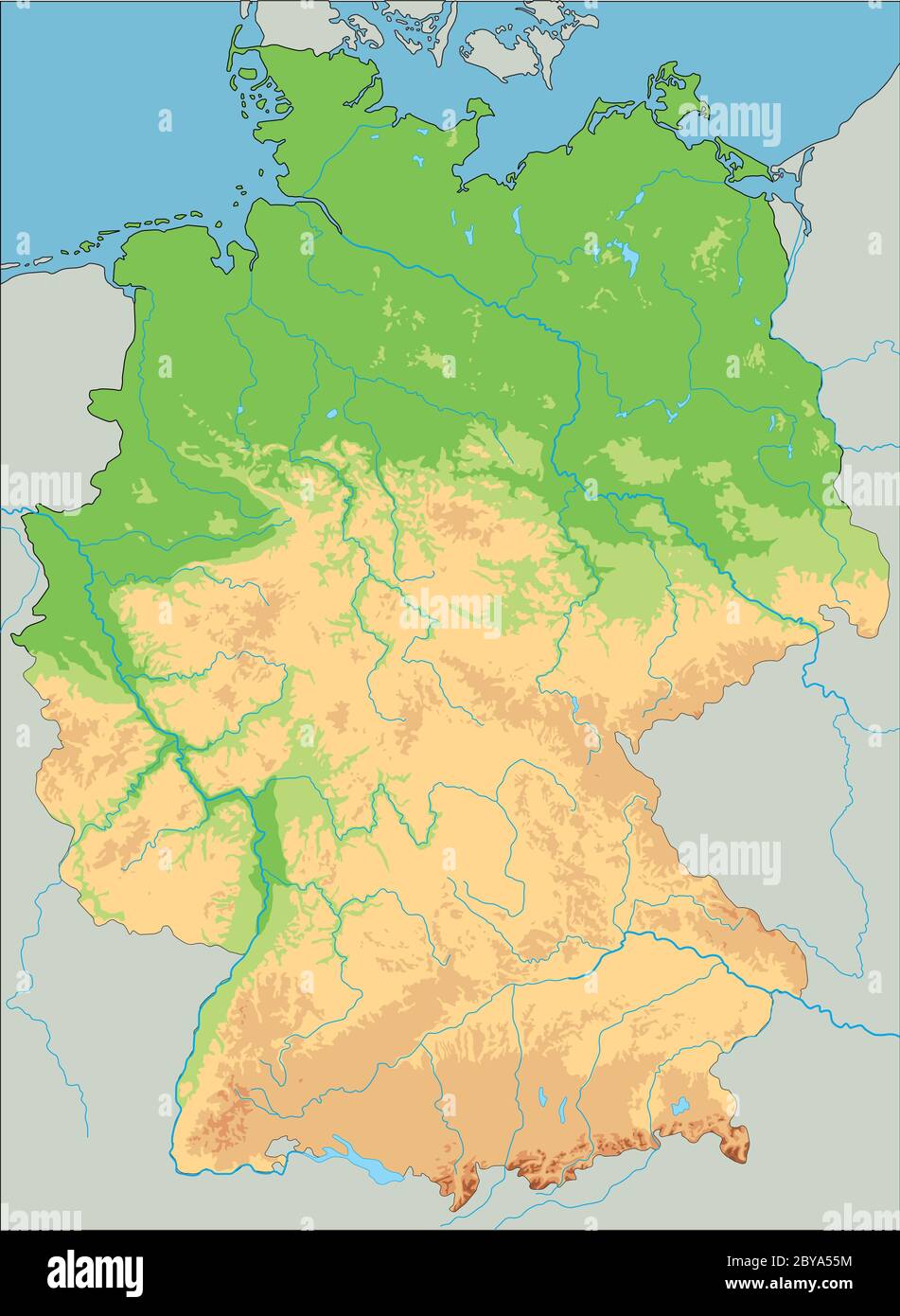 Detaillierte physische Karte Deutschlands. Stock Vektor