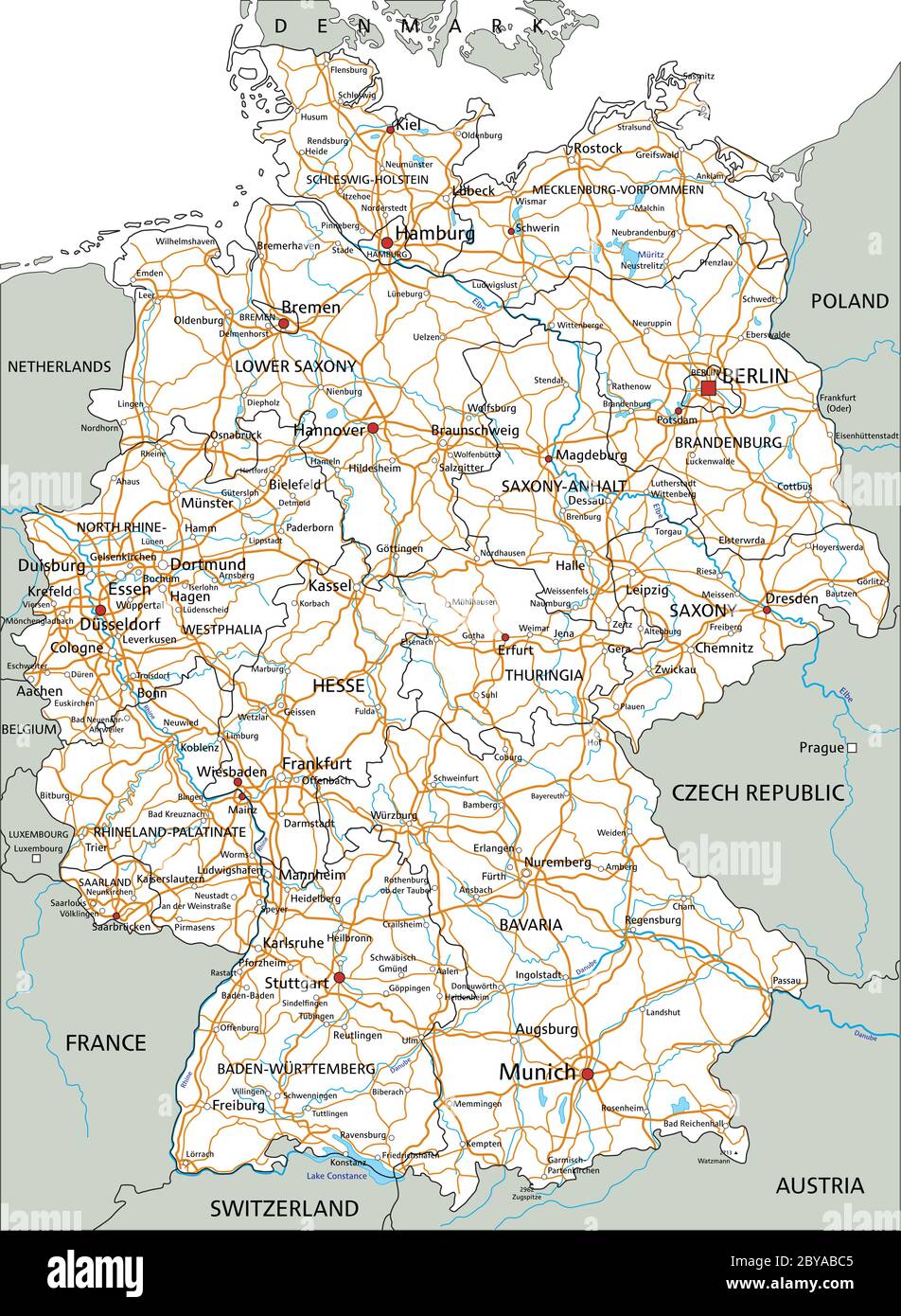 Detaillierte Deutschland-Straßenkarte mit Kennzeichnung. Weiß. Stock Vektor