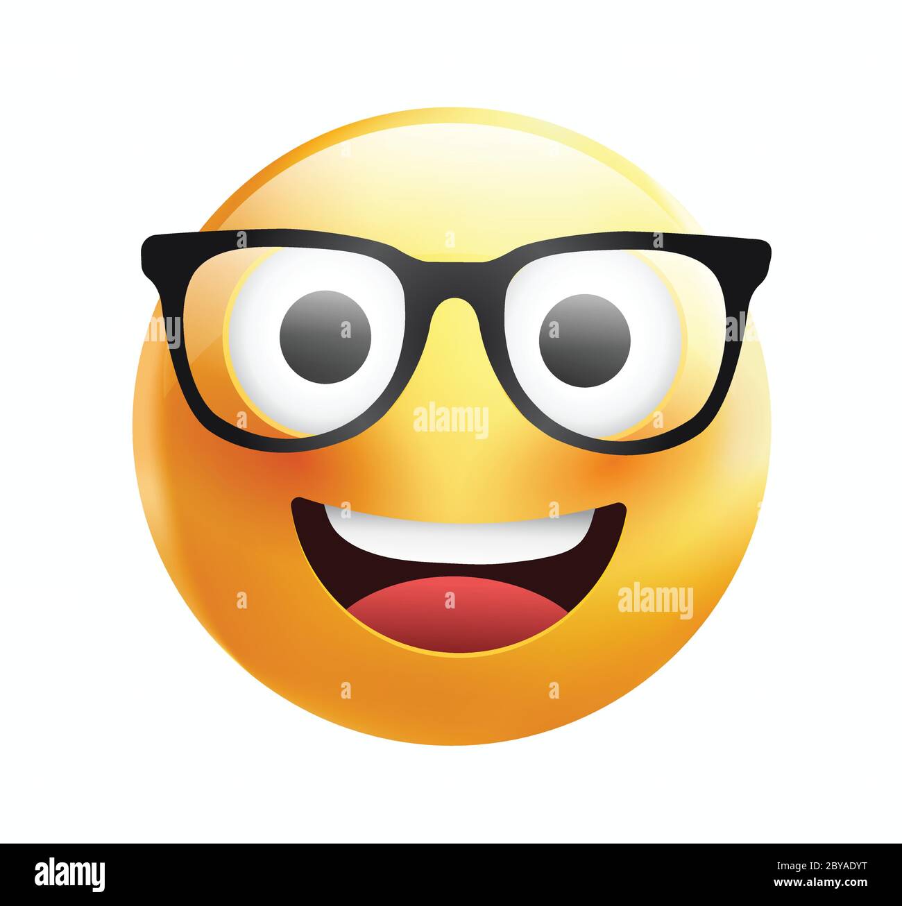 Hochwertiges Emoticon auf weißem Hintergrund. Gelbes Gesicht mit Brille.Süße  lächelnde Emoticon trägt Brillen, Emoji, Smiley Vektor-Illustration  Stock-Vektorgrafik - Alamy