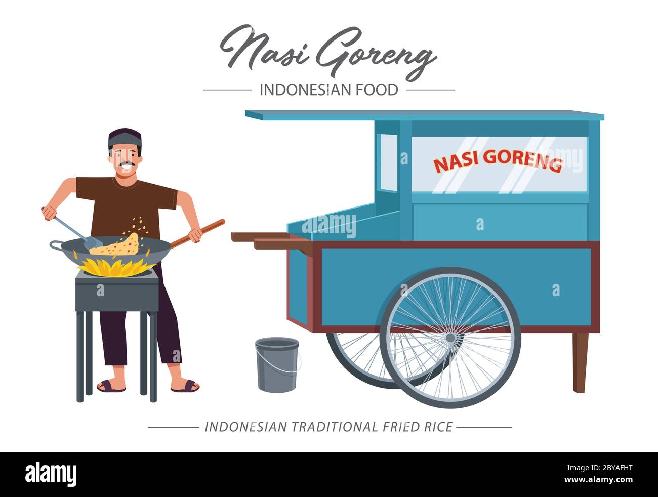 Nasi goreng bedeutet gebratenen Reis, ist ein beliebtes indonesisches oder malaysisches Reisgericht. Illustration eines frittierten Reishändlers, der auf einem Herd kocht, während er lächelt Stock Vektor