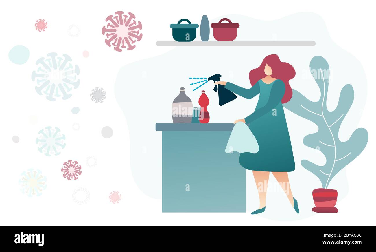 Frau zu Hause, die Lebensmittel aus dem Laden desinfiziert. Coronavirus sichere Einkaufsmöglichkeiten Vorsichtsmaßnahmen. Desinfektionskonzept. Coronavirus Covid-19 Sicherheitshinweis. Stock Vektor