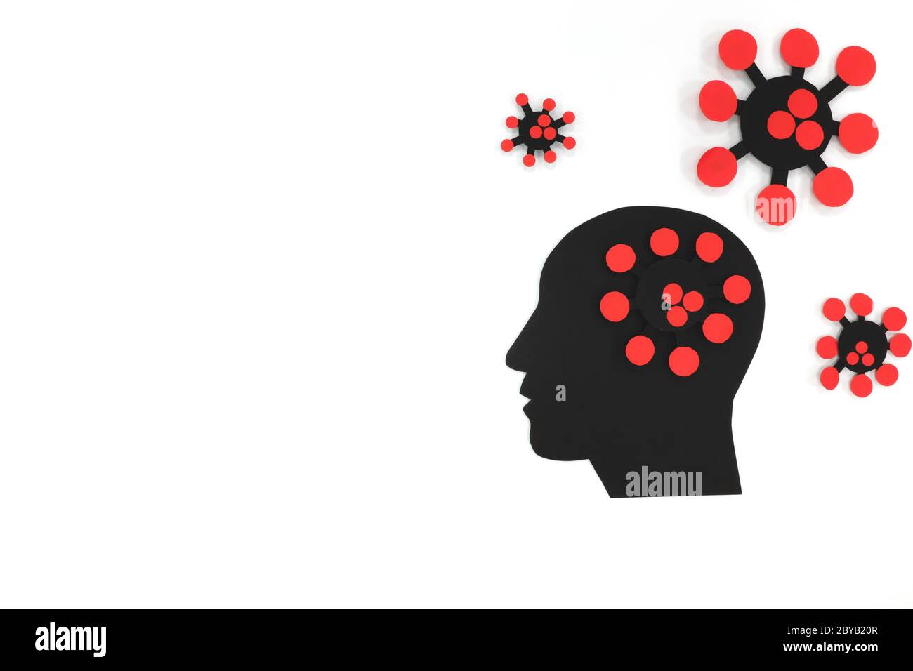 Männliches Kopfprofil in schwarzer Silhouette mit Coronavirus. Depression, psychische Gesundheit und Gefühl der Isolation Covid-19 Coronavirus Pandemie. Stockfoto
