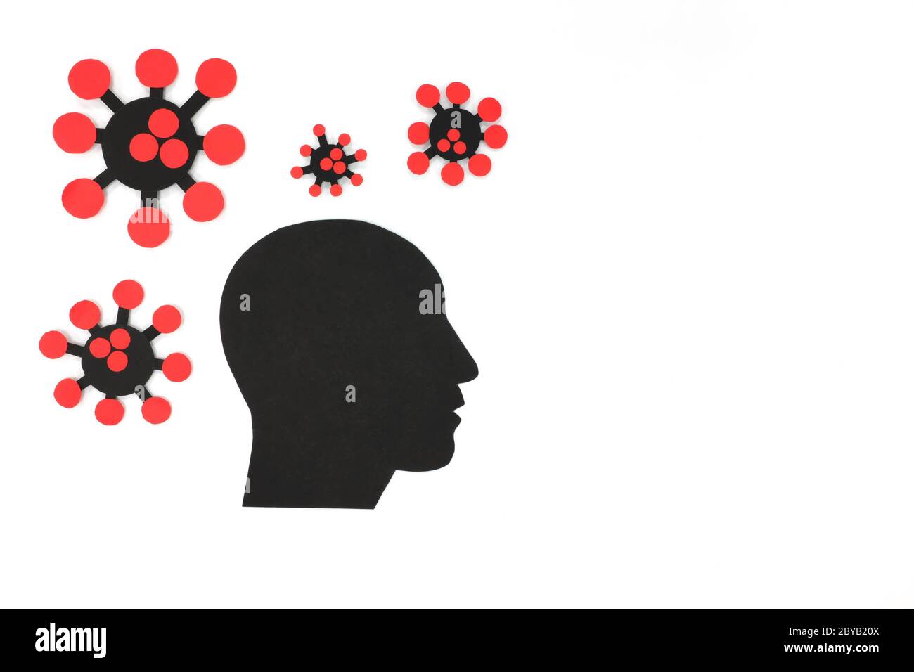 Männliches Kopfprofil in schwarzer Silhouette mit Coronavirus. Depression, psychische Gesundheit und Gefühl der Isolation Covid-19 Coronavirus Pandemie. Stockfoto
