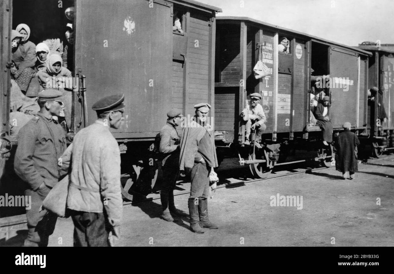 Güterzüge vollgestopft mit Flüchtlingen, die nach Entlausungs- und Desinfektionsstationen an der Ostgrenze, Polen, amerikanische Nationale Sammlung des Roten Kreuzes, Oktober 1919, in ihre Häuser zurückkehren Stockfoto