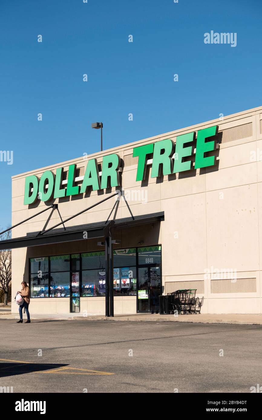 StoreFront Außenansicht des Dollar Tree Discounter mit einem Kunden verlassen mit einer Einkaufstasche. Stockfoto