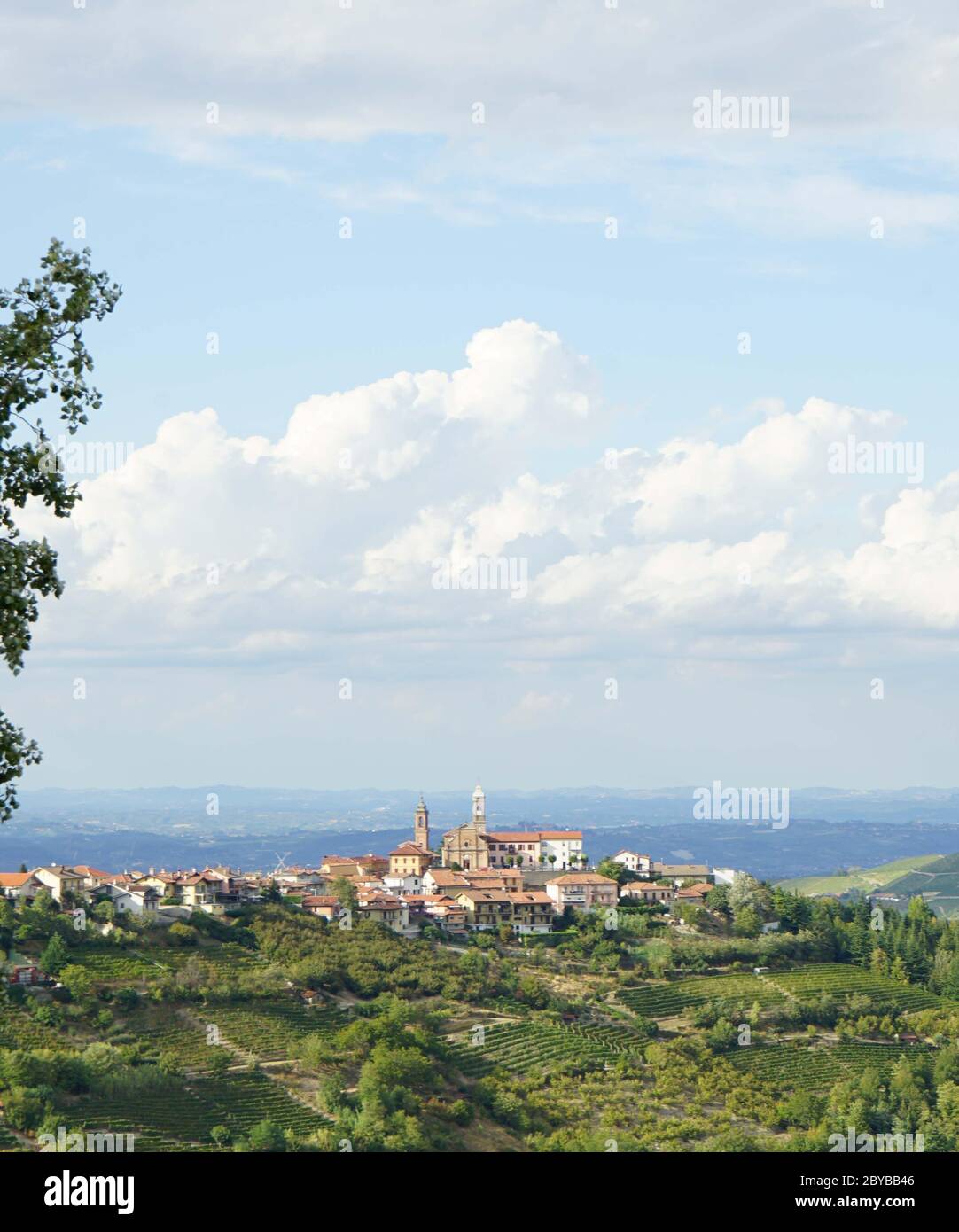 Blick auf den Hügel mit dem Dorf Rodello, Piemont - Italien Stockfoto