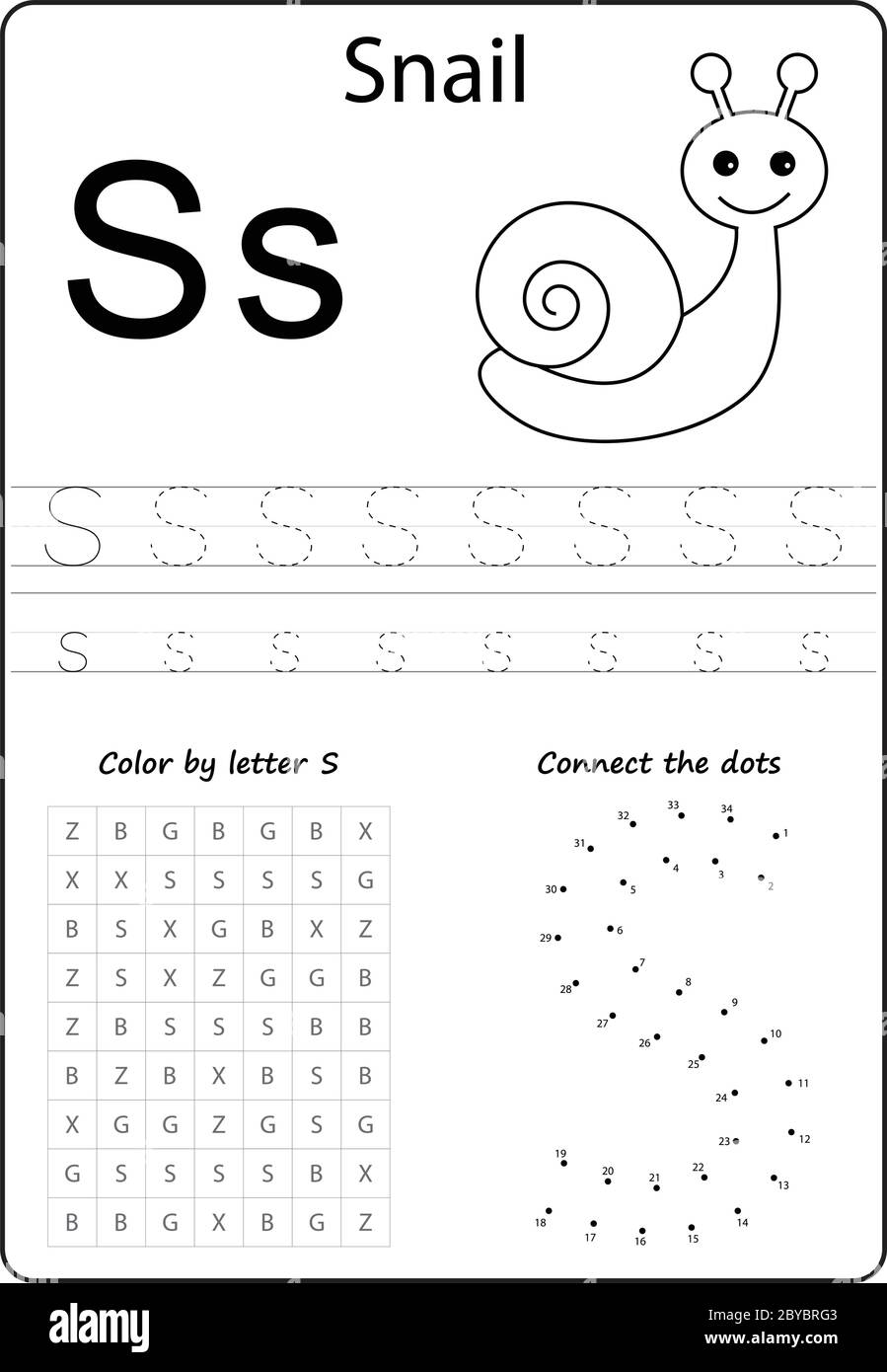 Buchstabe S. Buchstabe des Alphabets. Arbeitsblatt. Aufgabe für Kinder. Lernen von Briefen Stock Vektor