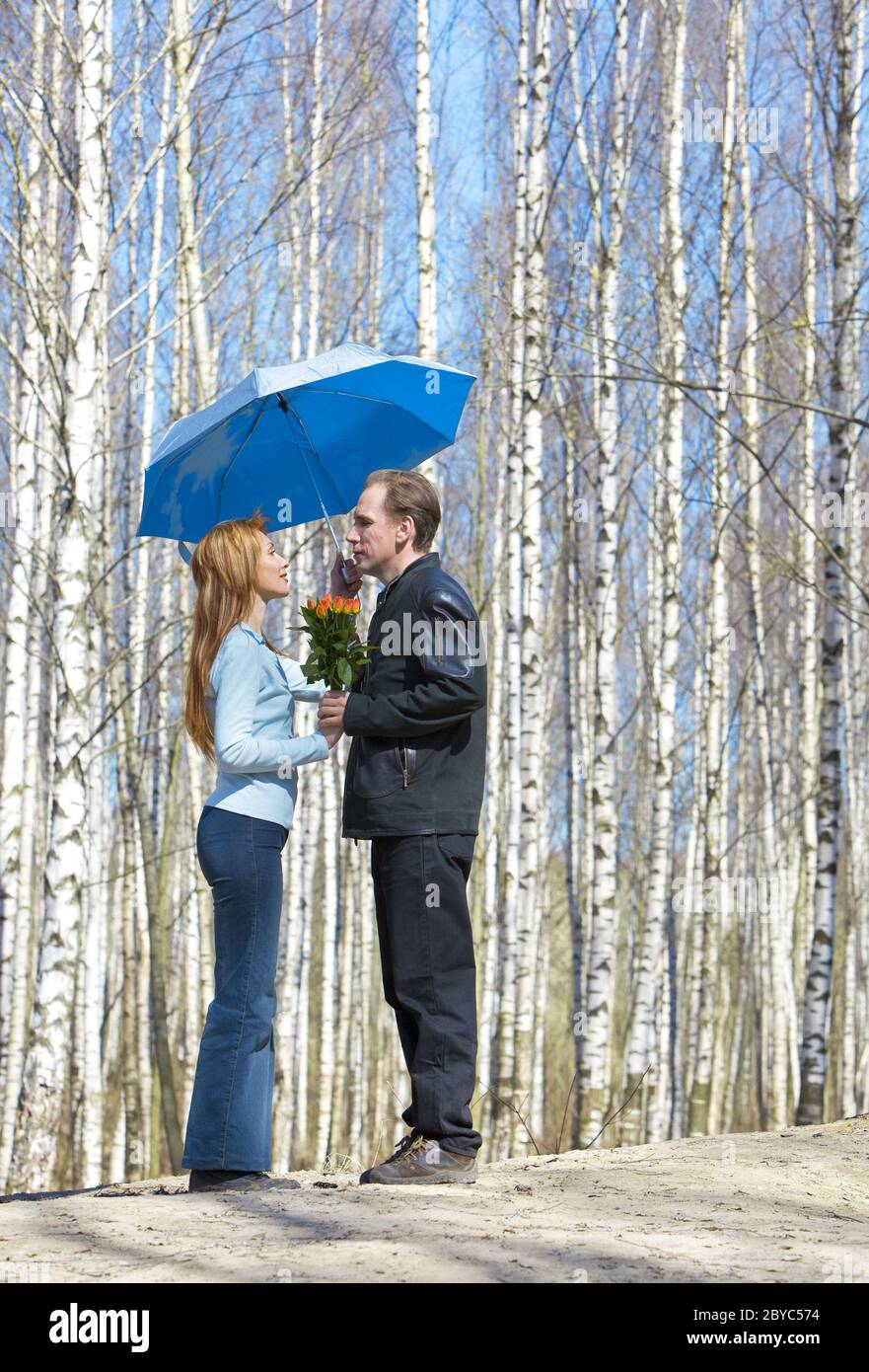 Mann gibt Mädchen Blumenstrauß unter Regenschirm unter Birche Stockfoto