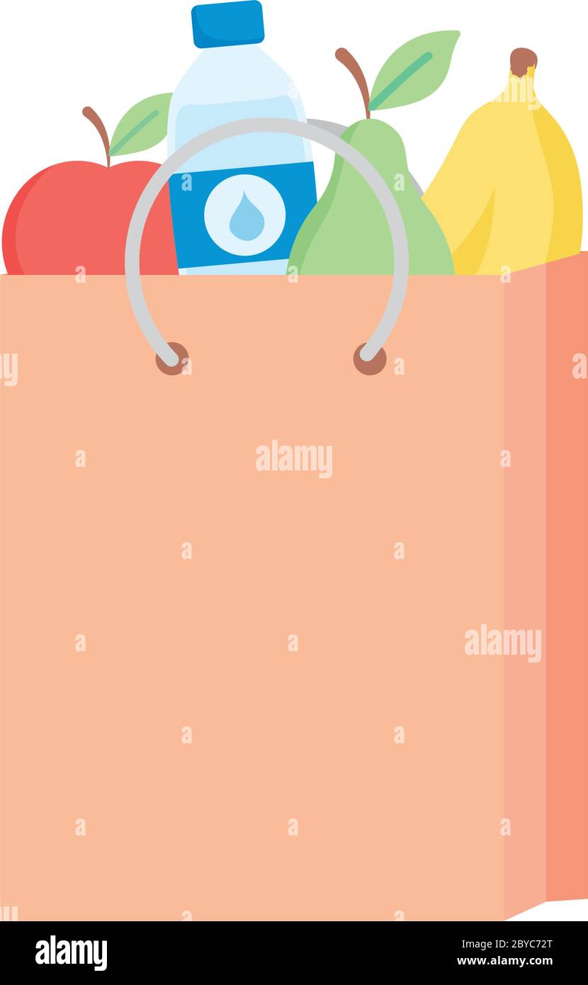 Supermarkt Papiertüte mit Früchten und Wasserflasche auf weißem Hintergrund, detaillierte Stil, Vektor-Illustration Stock Vektor