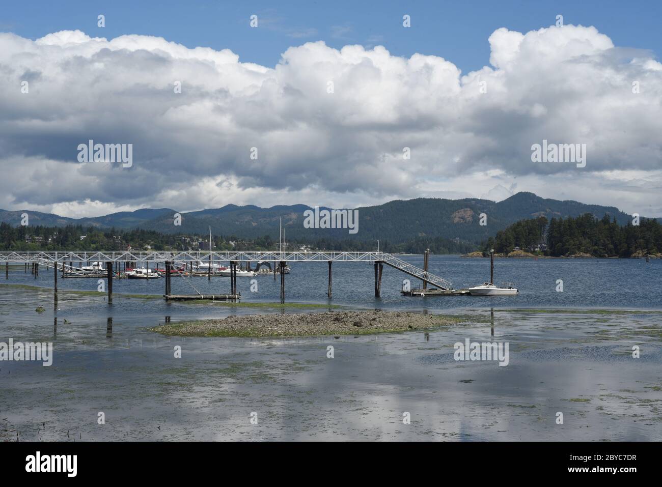 Blick vom Whiffin Spit Park auf Docks und Boote, die an einem bewölkten Tag im Hafen in Sooke, British Columbia, Kanada auf Vancouver Island anliegen. Stockfoto