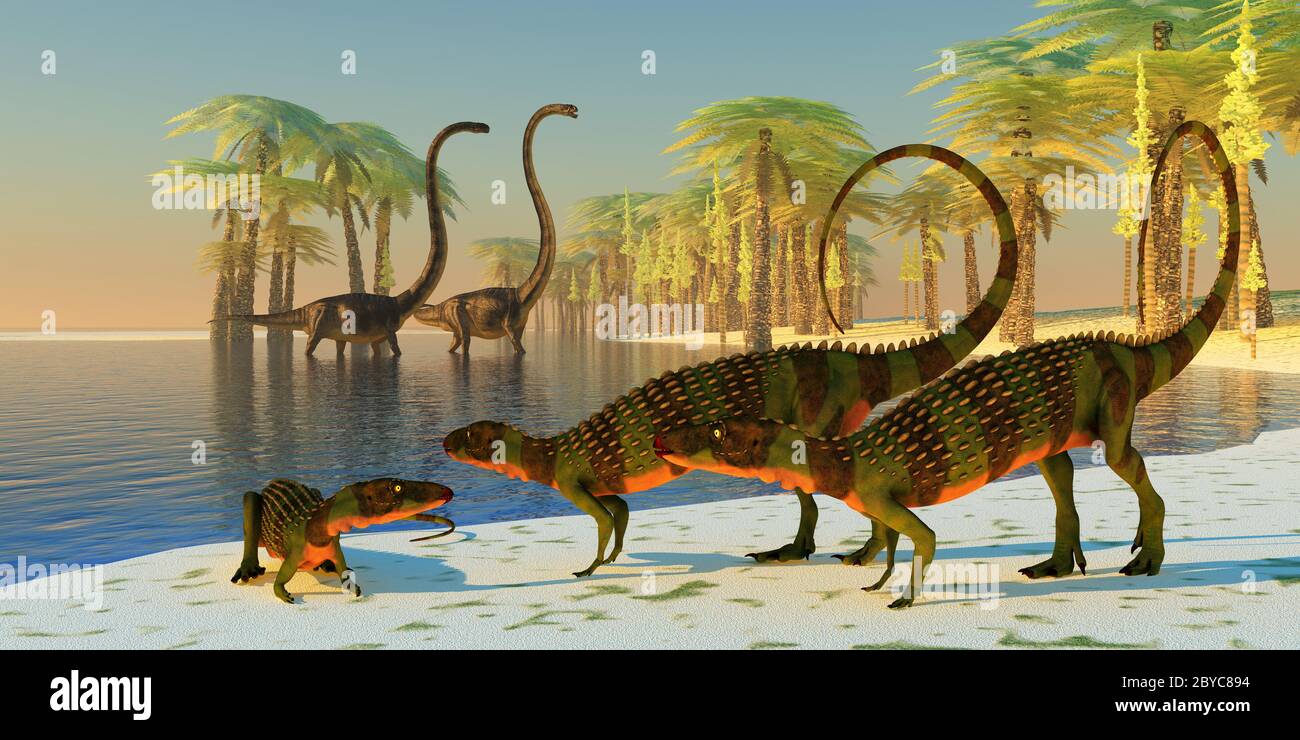 Drei gepanzerte Scutellosaurus-Dinosaurier liegen am Rand eines Teiches, wo Omeisaurus-Dinosaurier kommen, um das Laub der nahe gelegenen Silberbaumfelle zu fressen. Stockfoto