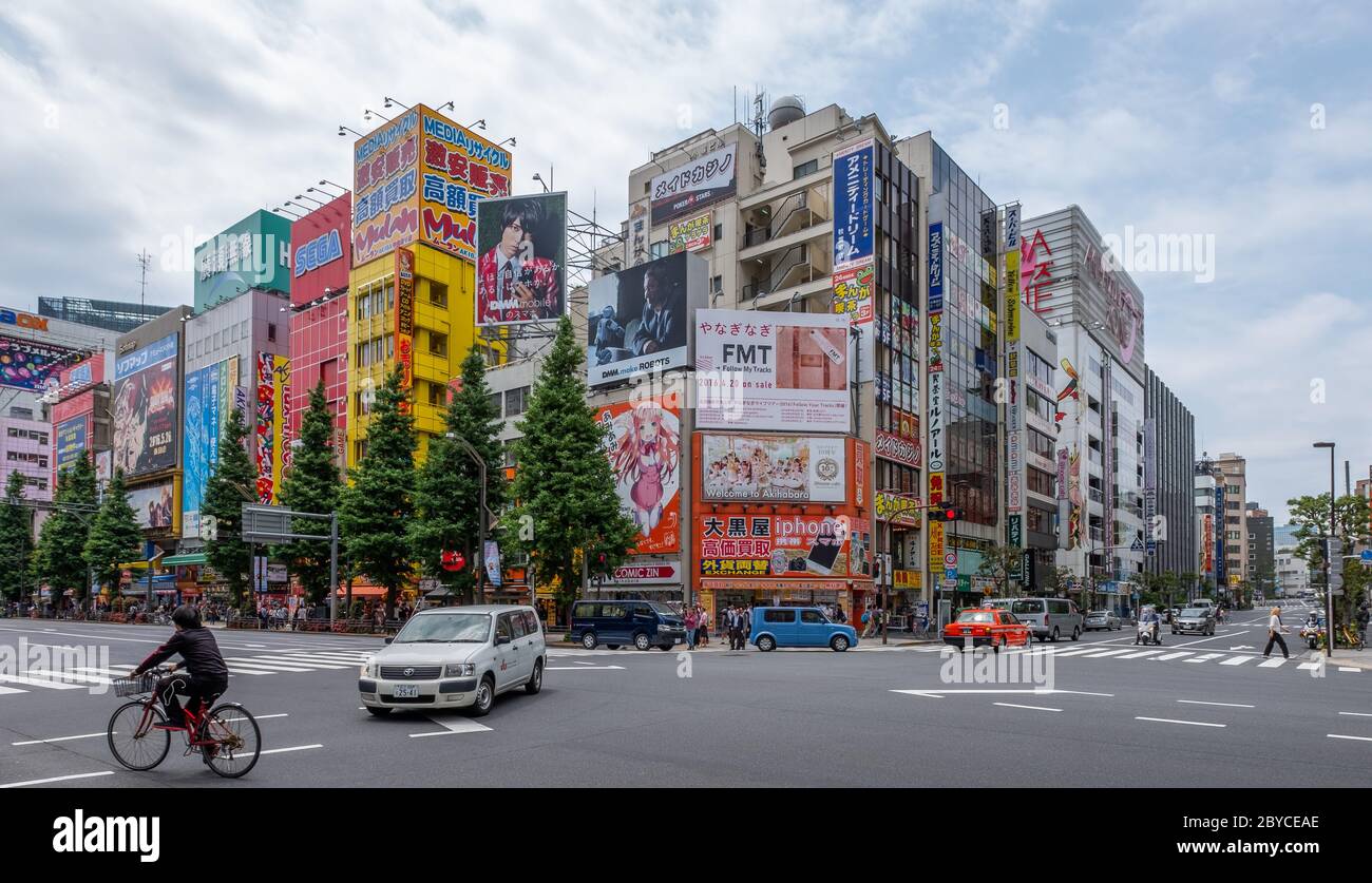 Ansicht von verschiedenen Geschäften und Unterhaltungsmöglichkeiten in Akihabara Street, Tokyo, Japan, Stockfoto