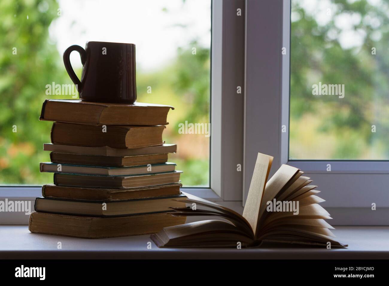 Auf einer Fensterbank liegt ein Haufen alter Bücher. Stockfoto