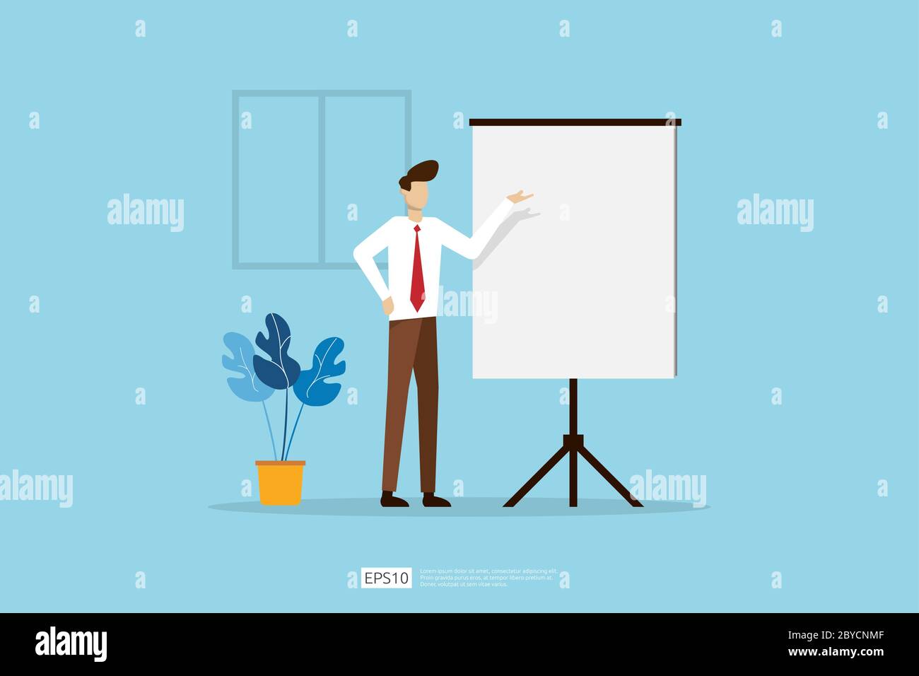 Geschäftsmann präsentiert Marketing-Idee Plan Konzept. Geschäftsfigur, die einen Präsentationsbericht, eine Unterrichtsstunde, eine Besprechung, einen rat auf einem Whiteboard gibt. Stock Vektor