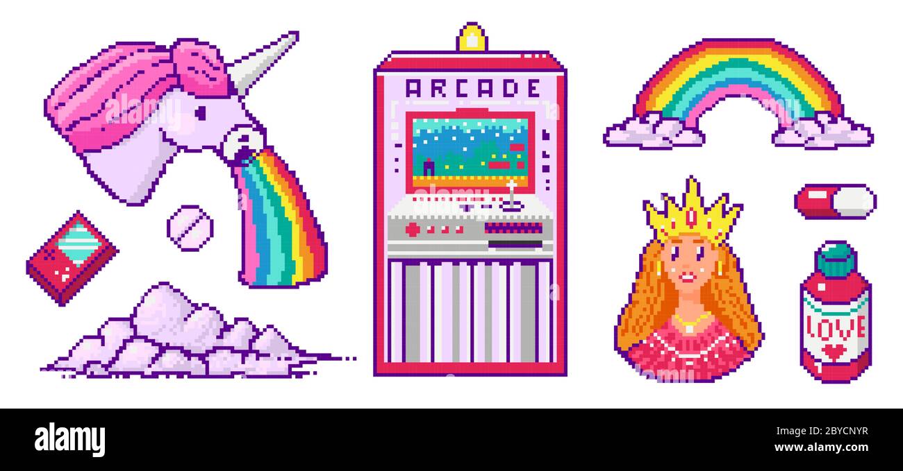 Pixel Art 8-Bit-Objekte. Charakter Pony Wolke Regenbogen Einhorn Prinzessin. Digitale Spielelemente im Retro-Look. Rosa Mode-Ikonen. Vintage Girly Aufkleber. Arkaden Stock Vektor