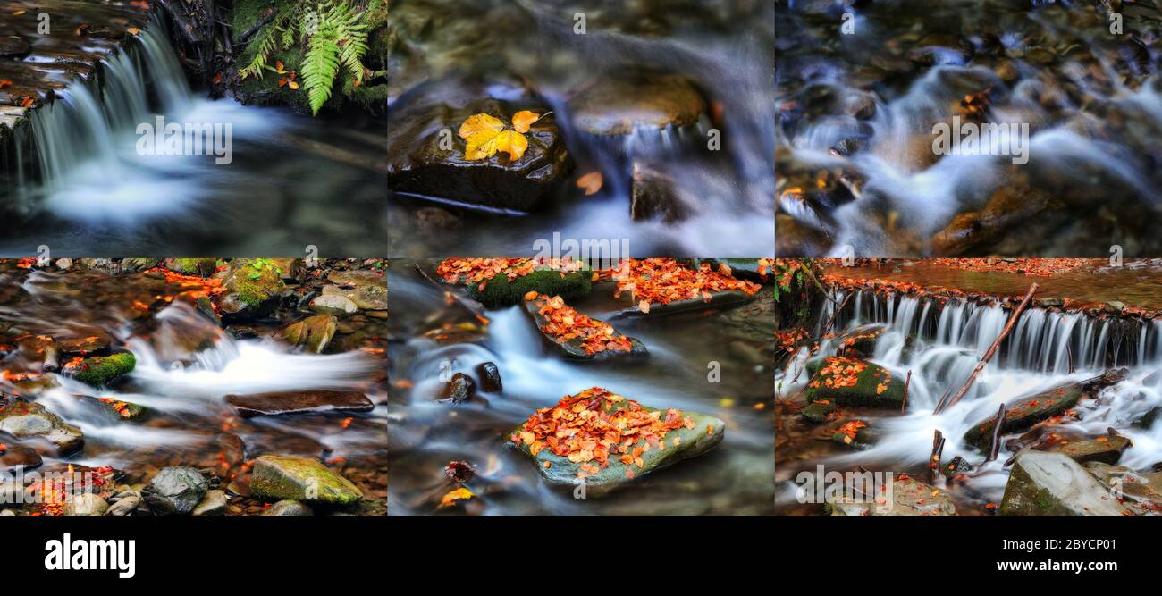 Collage von Fotos von Wasserfällen. Sammlung Von Herbstfotos Stockfoto