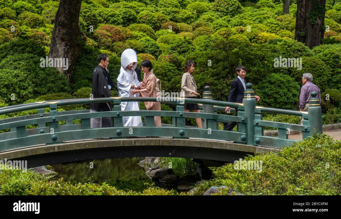 Japanische Hochzeit Paar Heirat nach den Shinto-Ritualen, in Nezu Jinja-Schrein, Tokio, Japan Stockfoto