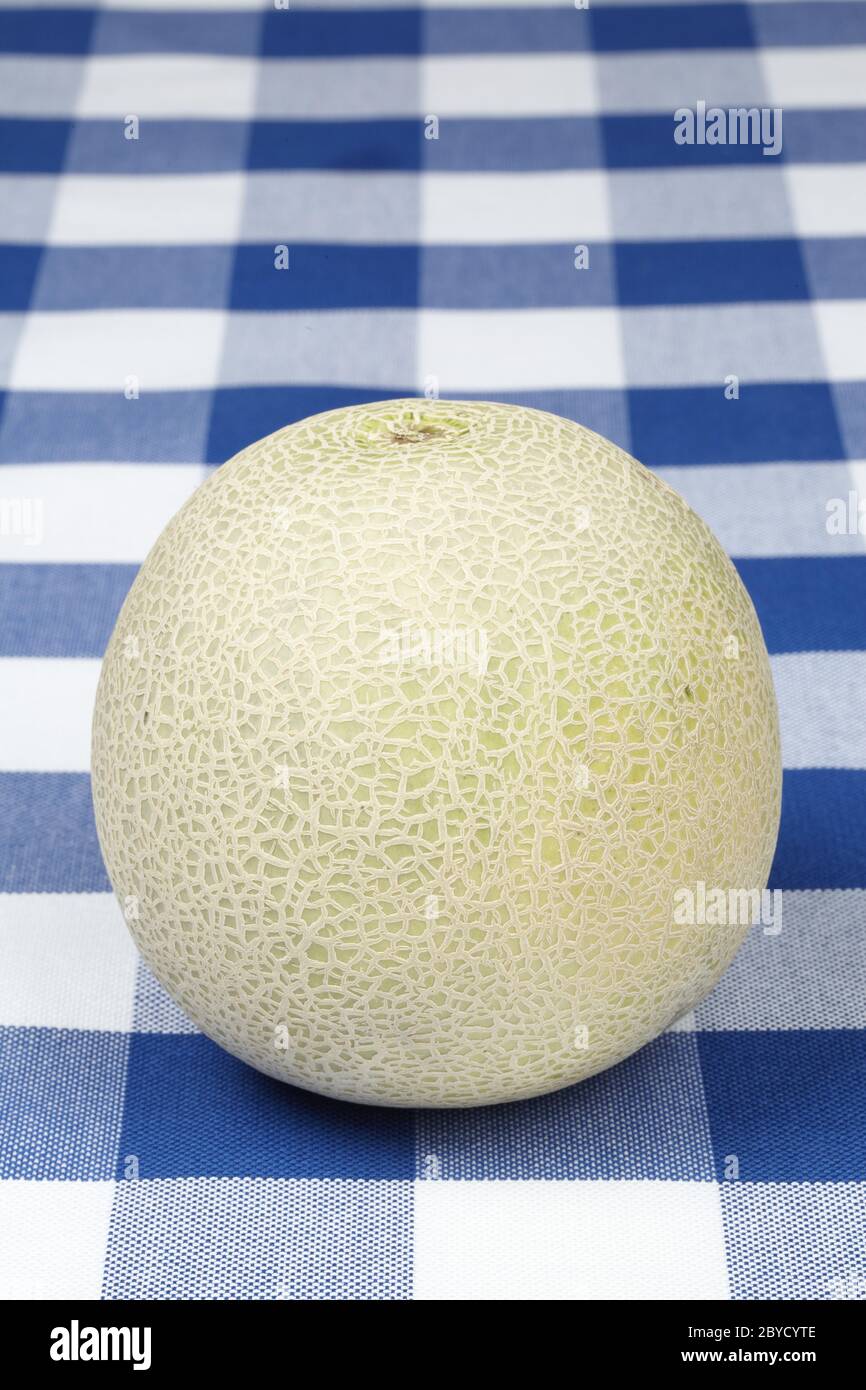 Melone auf einer karierten Tischdecke Stockfoto
