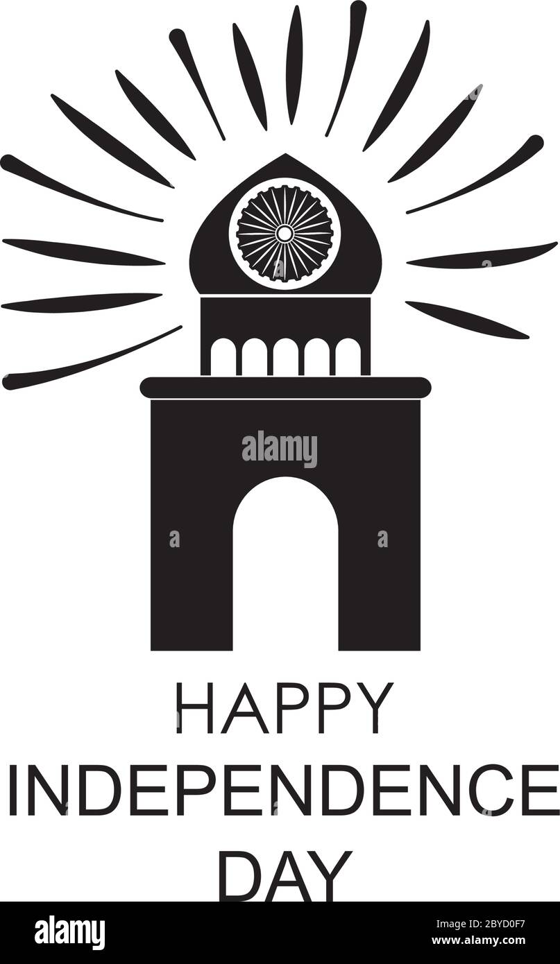 Schriftzug Design von Indien Unabhängigkeit Tag mit dekorativer Moschee, ashoka Chakra Symbol Symbol auf weißem Hintergrund, Silhouette Stil, Vektor-Illustration Stock Vektor