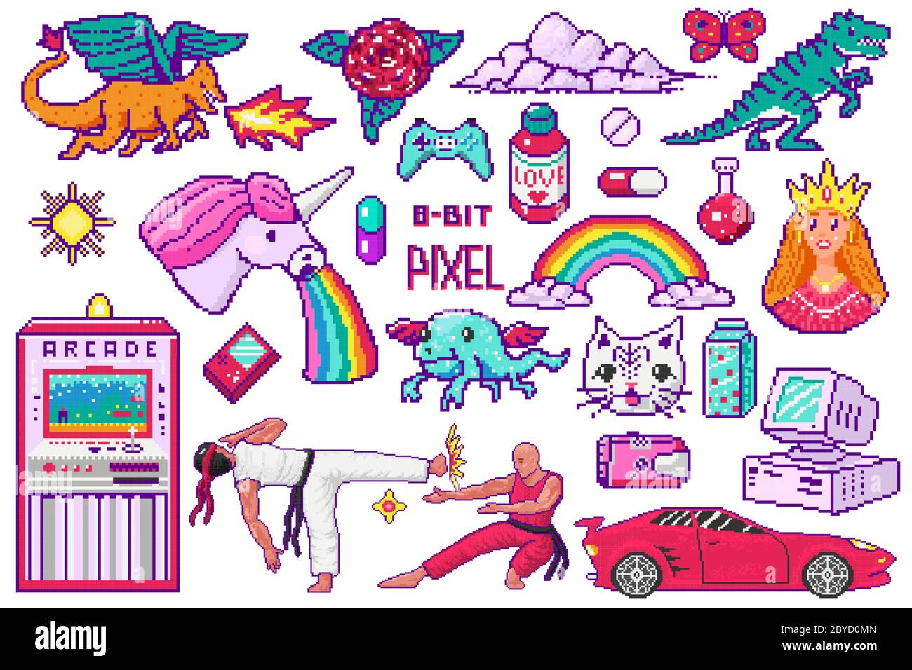 Pixel Art 8-Bit-Objekte. Digitale Spielelemente im Retro-Look. Set von rosa Mode-Ikonen. Vintage Girly Aufkleber. Arkaden Computer-Video. Figuren Dinosaurier Stock Vektor