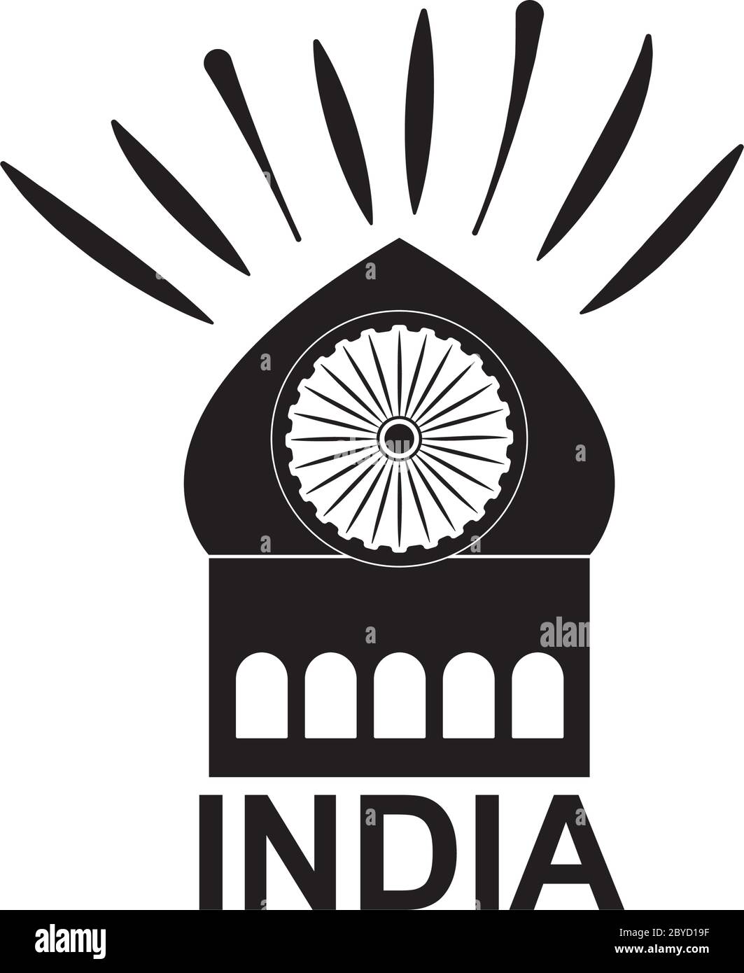 Indien Unabhängigkeit Tag Konzept, indische Moschee mit ashoka Chakra-Symbol auf weißem Hintergrund, Silhouette Stil, Vektor-Illustration Stock Vektor