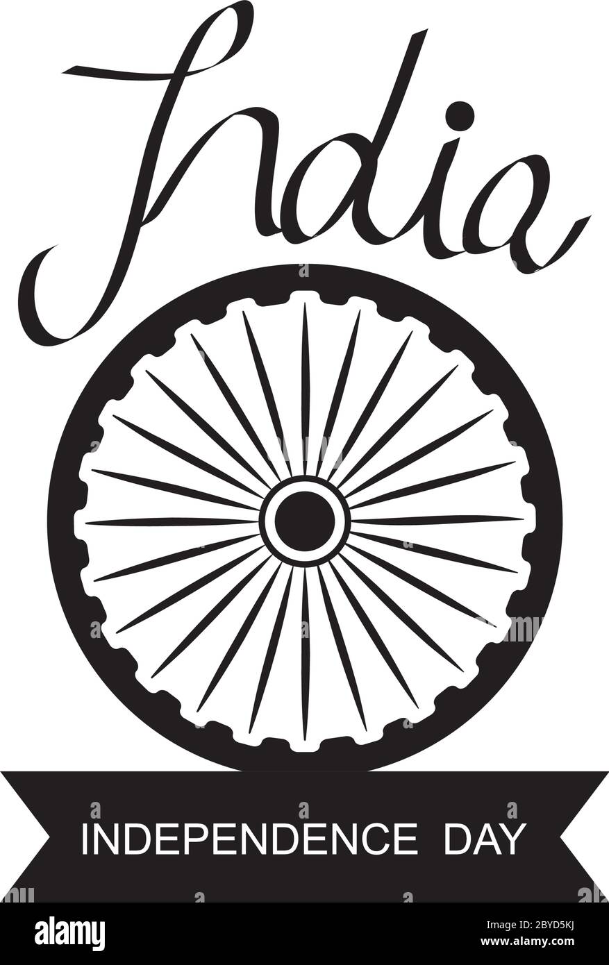 Indien Unabhängigkeit Tag Schriftzüge Design mit ashoka Chakra und dekorativen Band über weißem Hintergrund, Silhouette Stil, Vektor-Illustration Stock Vektor