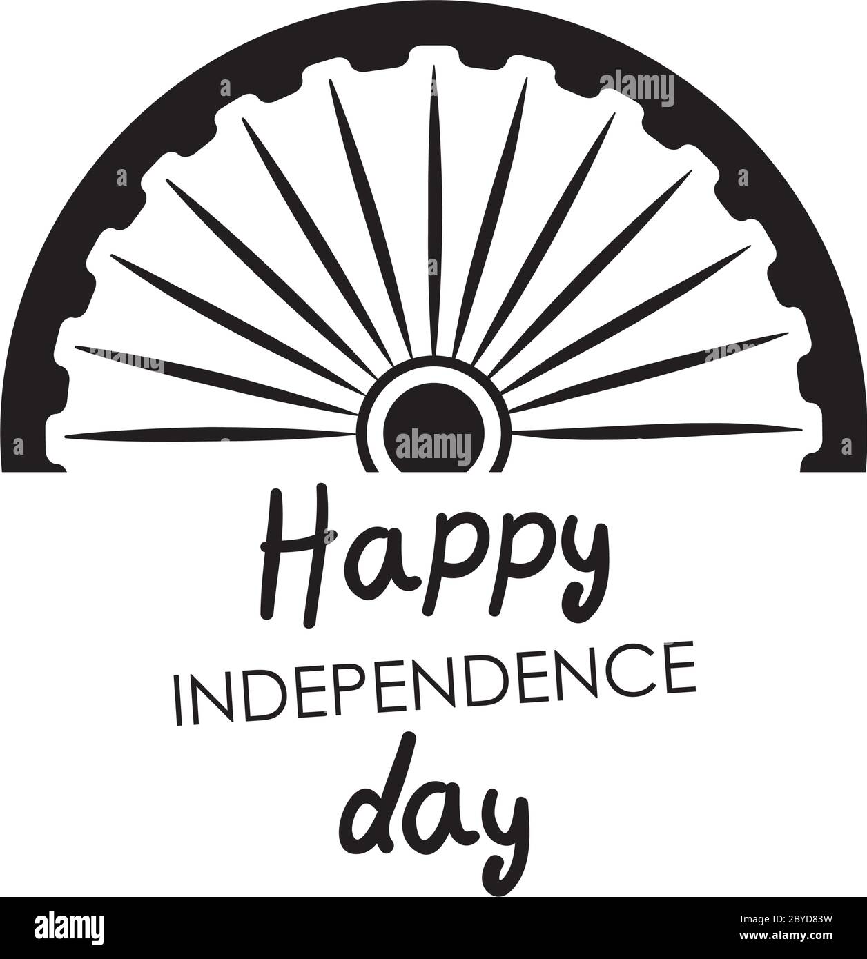 Ashoka Chakra und indien Unabhängigkeit Tag Schriftzüge Design über weißem Hintergrund, Silhouette Stil, Vektor-Illustration Stock Vektor