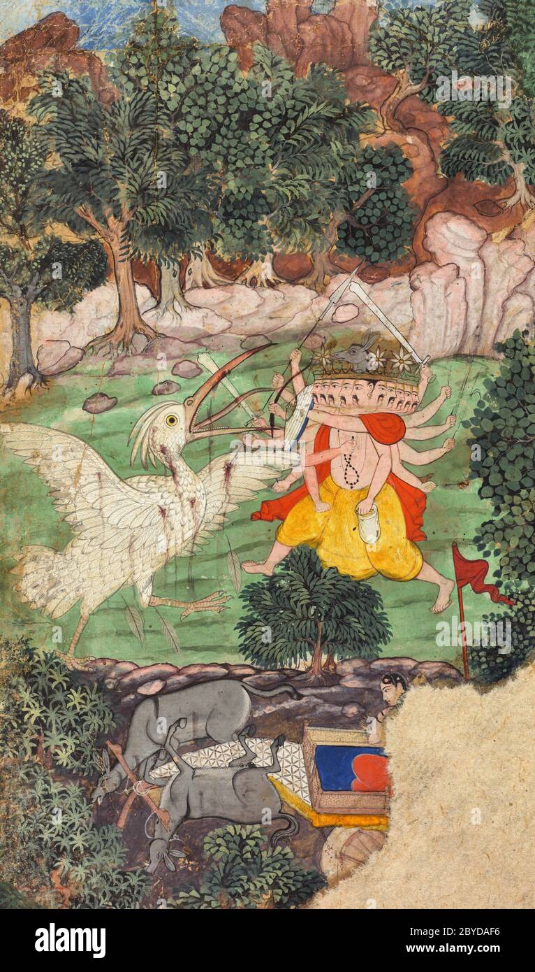 Schlacht von Ravana und Jatayu, aus sarga (Kapitel) 49 des Aranya-kanda (Buch des Waldes) aus einer Ramayana (Ramas Reise) von Valmiki (Inder, aktiv ca. Mitte 1000 v. Chr.), um 1605, Indische und Südostasiatische Kunst Stockfoto