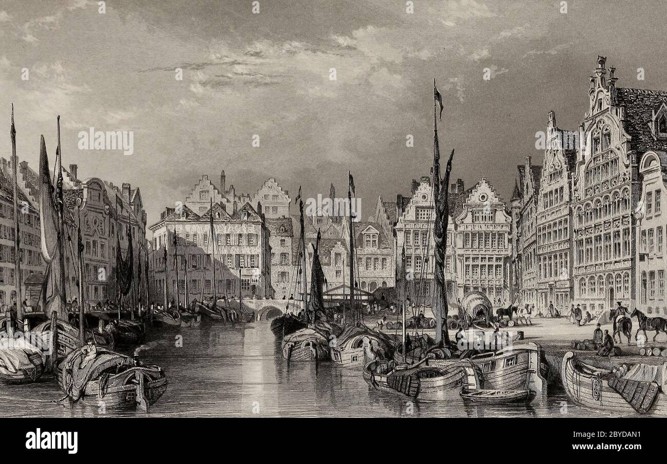 Der große Kanal in Belgien, mit antikes gotisches Haus, um 1841 Stockfoto