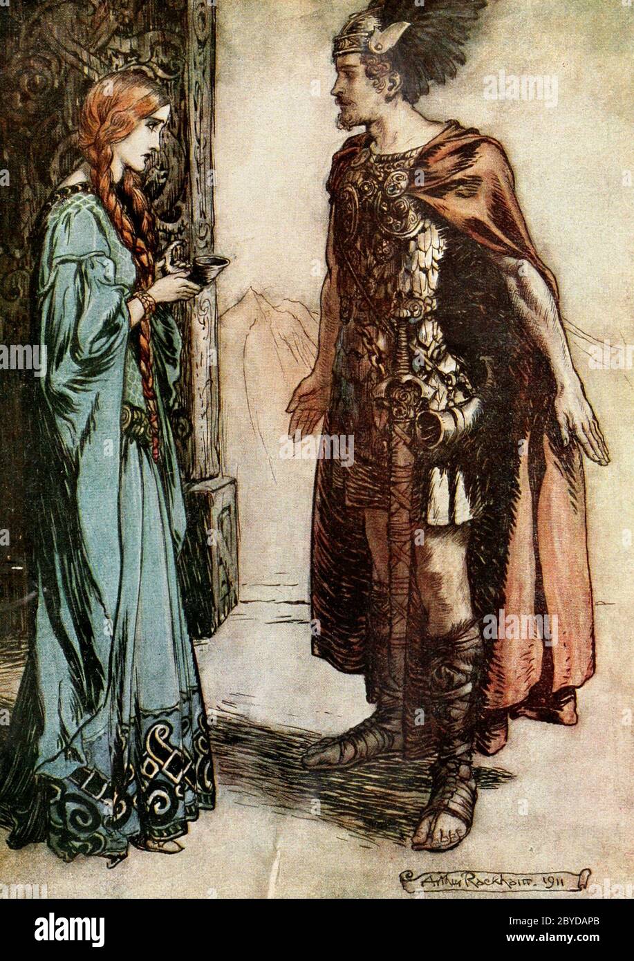 Siegfried gibt Gutrune das Trinkhorn zurück und blickt sie mit plötzlicher Leidenschaft aus der Dämmerung der Götter an - Arthur Rackham, 1911 Stockfoto