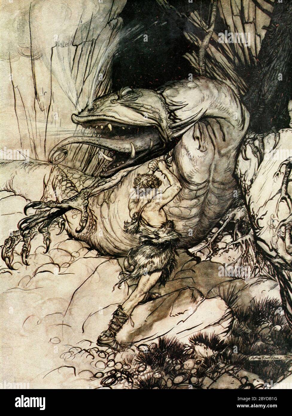 Siegfried tötet Fafner in Siegfried - Arthur Rackham, um 1911 Stockfoto