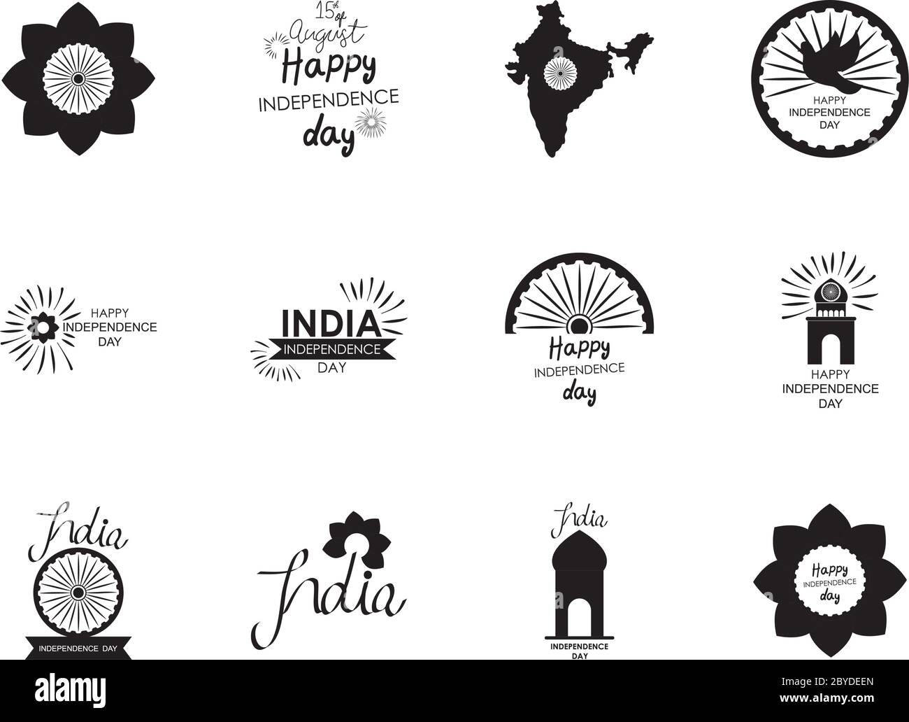 Dekorative Blumen und indien Unabhängigkeit Tag Symbol auf weißem Hintergrund, Silhouette Stil, Vektor-Illustration gesetzt Stock Vektor