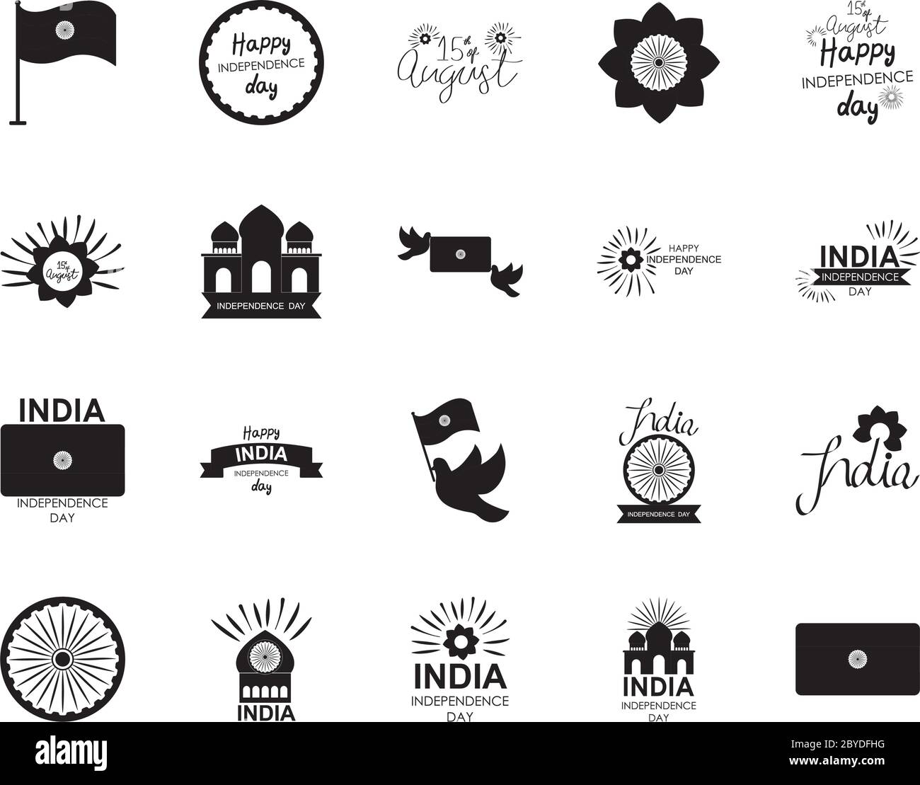 ashoka Chakra Symbol und indien Unabhängigkeit Tag Symbol über weißem Hintergrund, Silhouette Stil, Vektor-Illustration gesetzt Stock Vektor