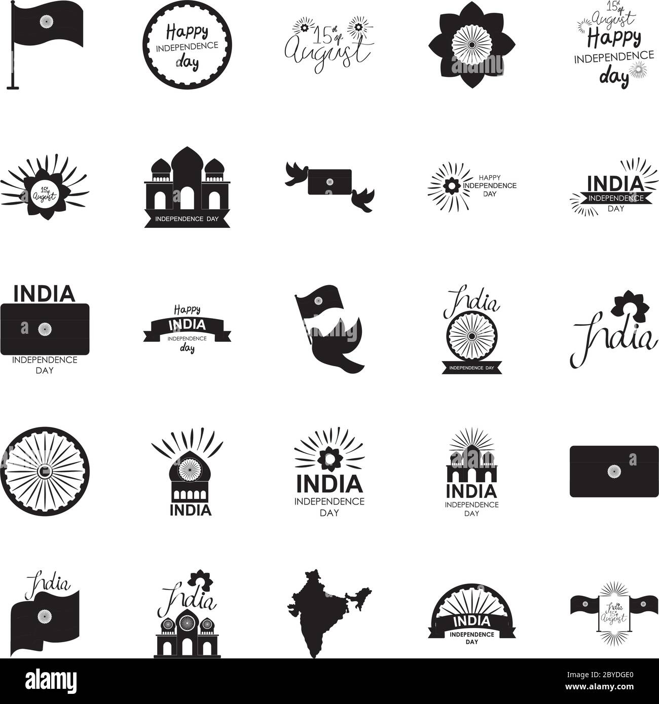 Schriftzüge Designs von indien Unabhängigkeit Tag Symbol auf weißem Hintergrund, Silhouette Stil, Vektor-Illustration gesetzt Stock Vektor