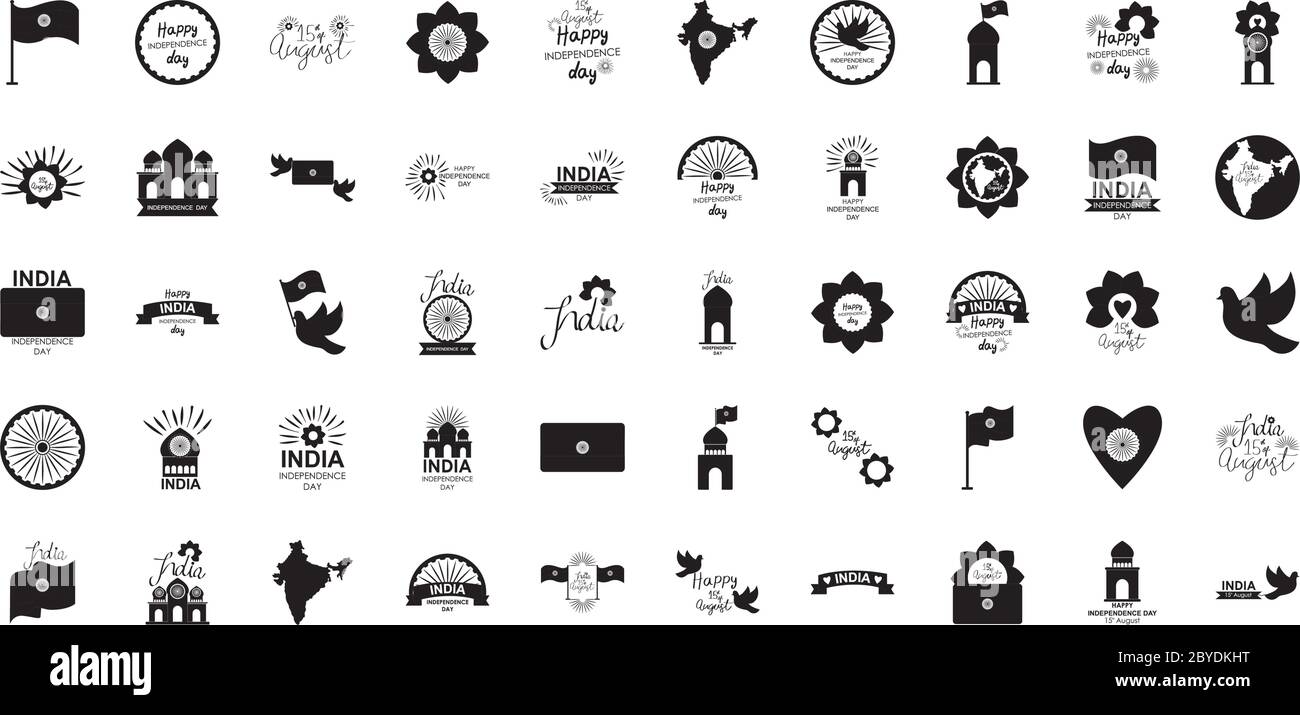 indien Unabhängigkeit Tag Symbol auf weißem Hintergrund, Silhouette Stil, Vektor-Illustration gesetzt Stock Vektor