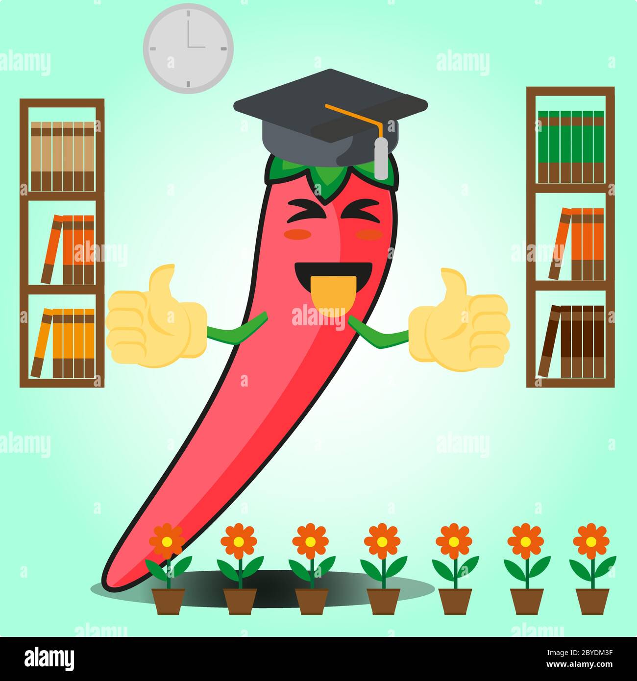 Nette mexikanische Chili Graduierung Cartoon Gesicht Charakter mit zwei Bücherregal und Blumen Bilddesign Stock Vektor
