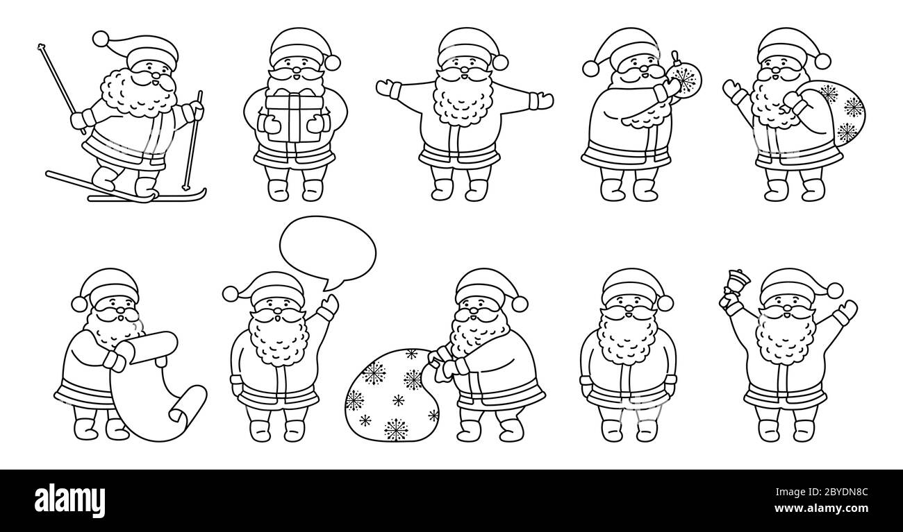 Santa Claus skizzieren Weihnachten Wohnung Cartoon-Set. Lineare Sammlung lustige Charakter mit Geschenk, Tasche, Skifahren, Spielzeug, Sprechblase oder Liste. Verschiedene Emotionen santa und Neujahr Objekte. Vektorgrafik Stock Vektor