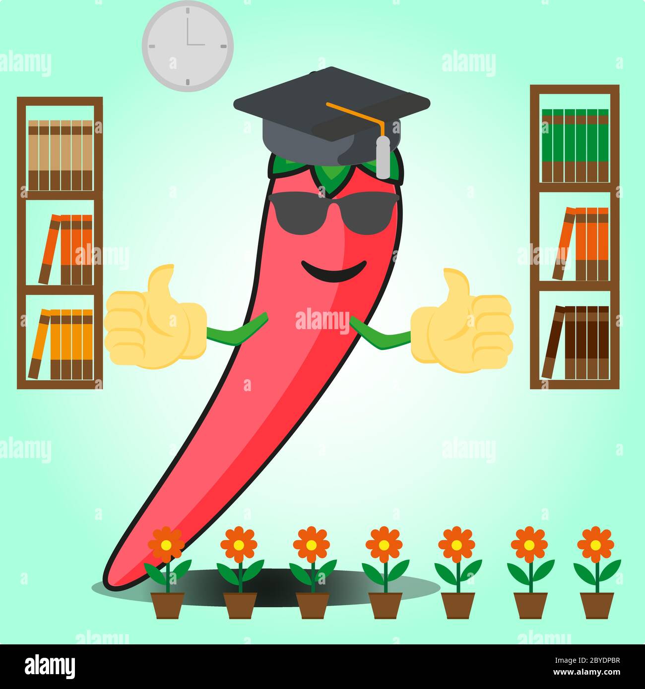 Nette mexikanische Chili Graduierung Cartoon Gesicht Charakter mit zwei Bücherregal und Blumen Bilddesign Stock Vektor