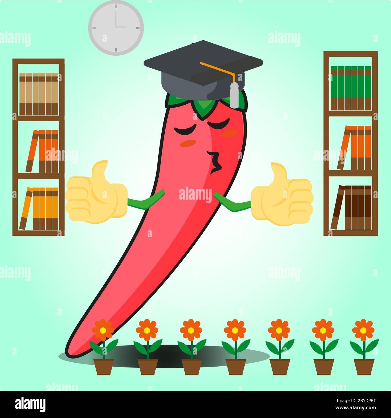 Nette mexikanische Chili Graduierung Cartoon Gesicht Charakter mit zwei Bücherregal und Blumen Bilddesign Stock Vektor