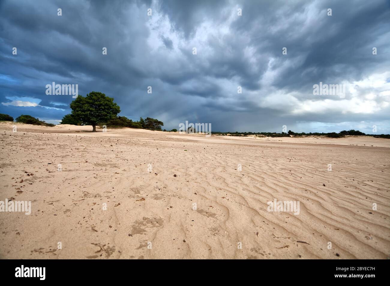 Dunkle stürmische Wolken über Sanddünen Stockfoto