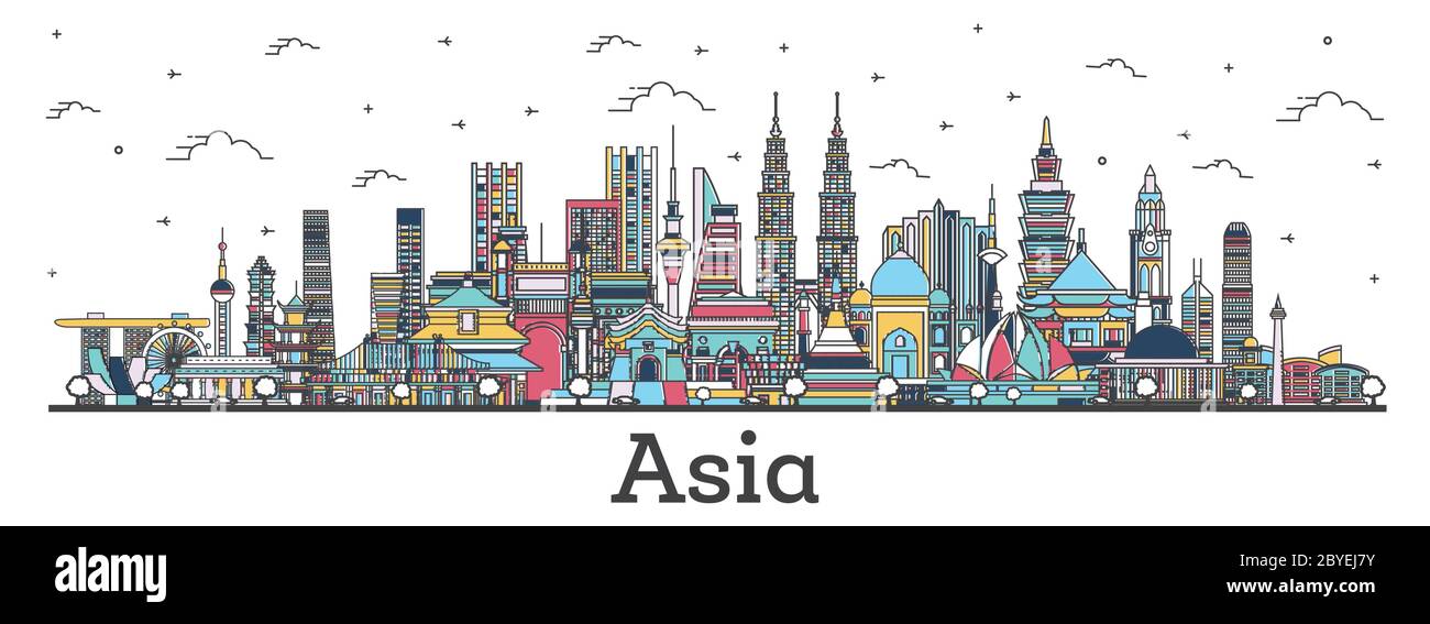Asiatische Landschaft. Umriss Farbe berühmte Wahrzeichen in Asien. Vektorgrafik. Business Travel und Tourism Konzept. Delhi. Peking. Jakarta. Mumbai. Stock Vektor