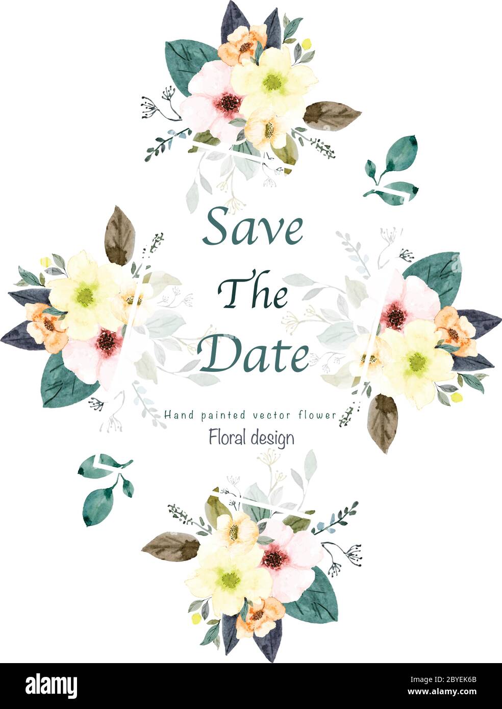 Aquarell handbemalten Blumenstrauß. vektor-Design für Einladung, Hochzeit, speichern Sie das Datum, Poster, Grußkarte, Text Raum Rahmen. Stock Vektor