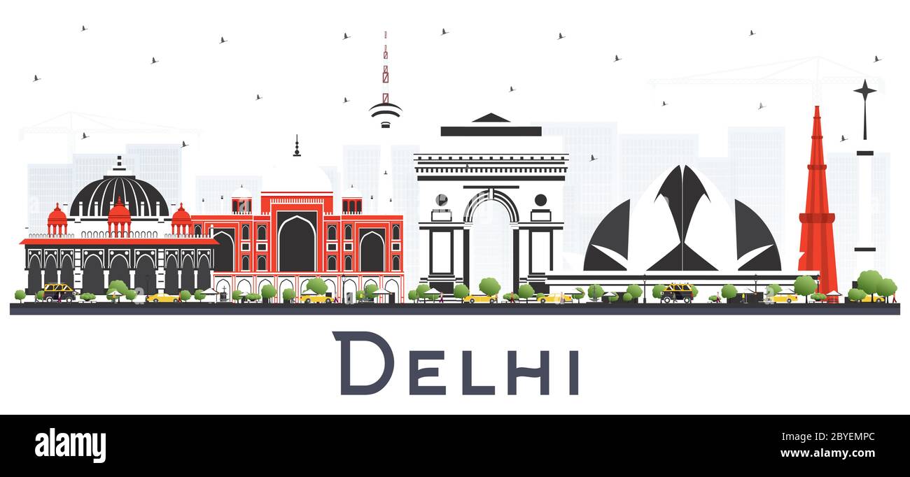 Delhi Indien-Stadt Skyline mit Farbe Gebäude isoliert auf weißem Hintergrund. Vektorgrafik. Stock Vektor